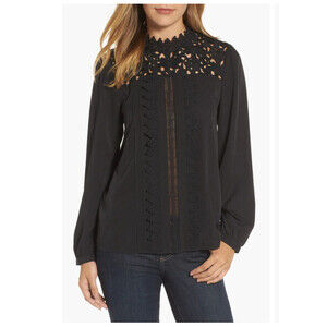 Halogen Lace Yoke Mock Neck Long Sleeve Pullover Blouse In Black Size Petite S